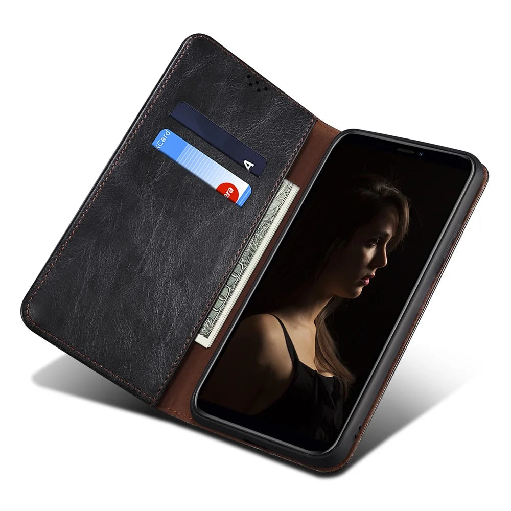 For Samsung Galaxy M14 5G Wallet Waxy Crazy Horse Texture Leather Phone Case Stand Cell Phone Cover - Black - 4