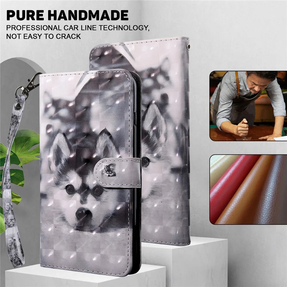 For Samsung Galaxy A34 5G Phone Stand Case PU Leather 3D Pattern Printing Wallet Cover - Husky - 4