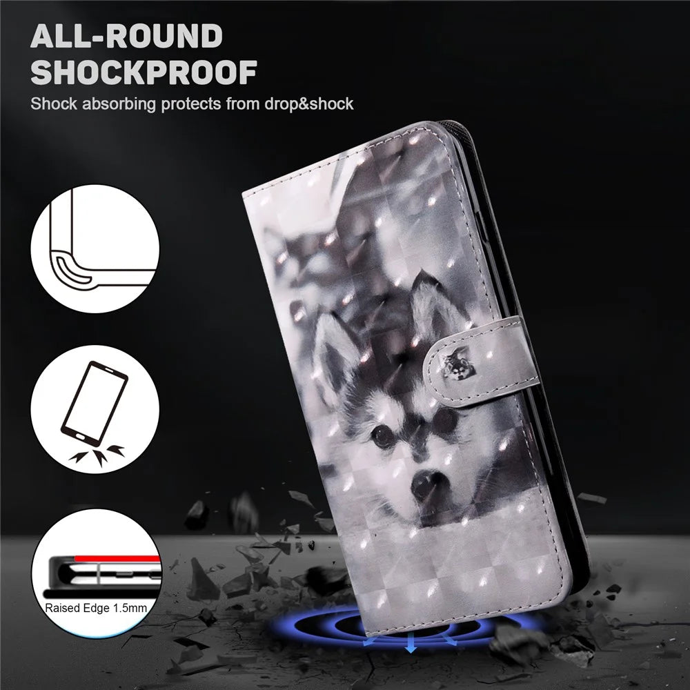 For Samsung Galaxy A34 5G Phone Stand Case PU Leather 3D Pattern Printing Wallet Cover - Husky - 5