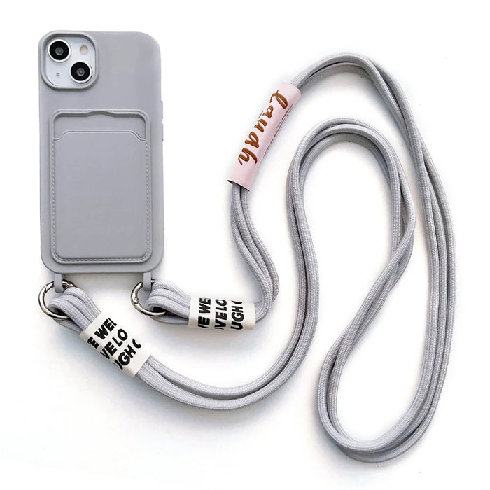 For iPhone 13 6.1 inch Liquid Silicone Card Slot Phone Case Anti-Scratch Shockproof Cover with Long Strap - Grey - 1