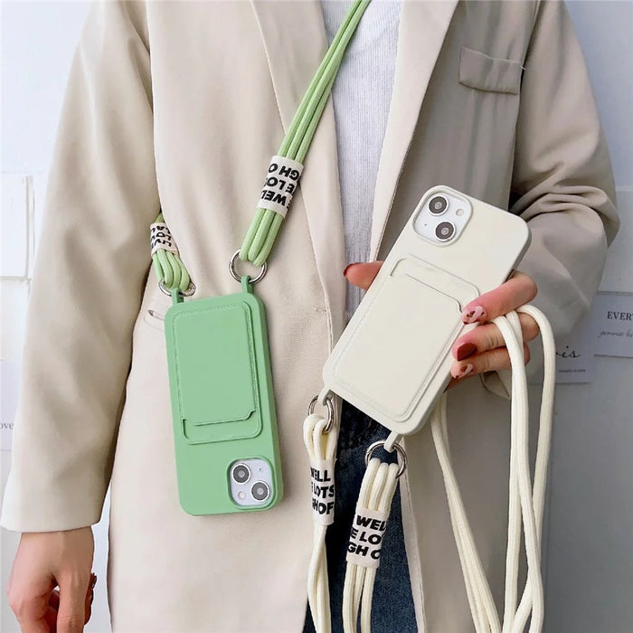 For iPhone 13 6.1 inch Liquid Silicone Card Slot Phone Case Anti-Scratch Shockproof Cover with Long Strap - Grey - 7