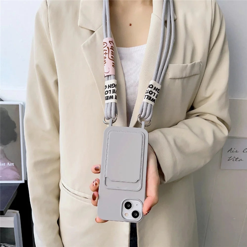 For iPhone 14 Soft Liquid Silicone Phone Case Card Slot Slim Protective Back Cover with Lanyard Strap - Grey - 3