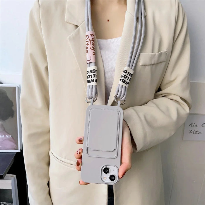 For iPhone 14 Plus Card Slot Phone Case Anti-Scratch Liquid Silicone Protective Phone Cover with Hanging Strap - Grey - 3