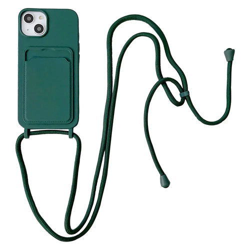 Protective Case for iPhone 14 Case Anti-Fall Liquid Silicone Phone Cover with Card Slot, Strap - Midnight Green - 1