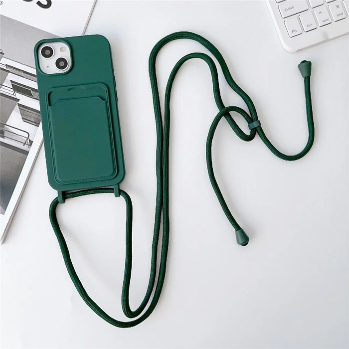 Protective Case for iPhone 14 Case Anti-Fall Liquid Silicone Phone Cover with Card Slot, Strap - Midnight Green - 2
