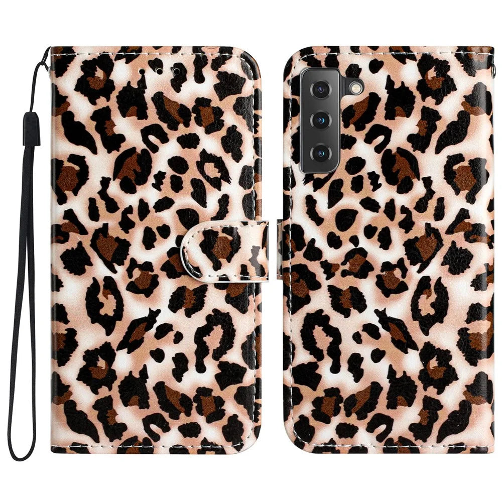 For Samsung Galaxy S22 5G Pattern Printing PU Leather Phone Case Wallet Stand Flip Shockproof Cover - Leopard Print - 1
