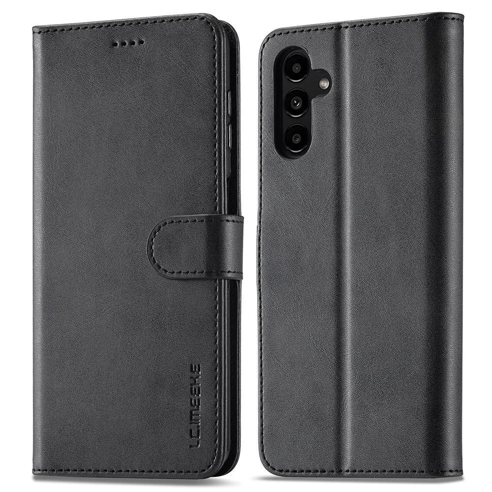 LC.IMEEKE For Samsung Galaxy A24 4G (162.1 x 77.6 x 8.3mm) Calf Texture Leather Phone Case Wallet Stand Mobile Phone Cover - Black - 1
