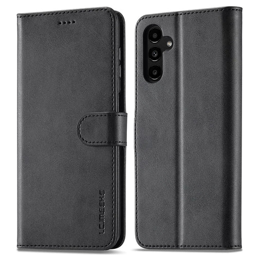 LC.IMEEKE For Samsung Galaxy A24 4G (162.1 x 77.6 x 8.3mm) Calf Texture Leather Phone Case Wallet Stand Mobile Phone Cover - Black - 1