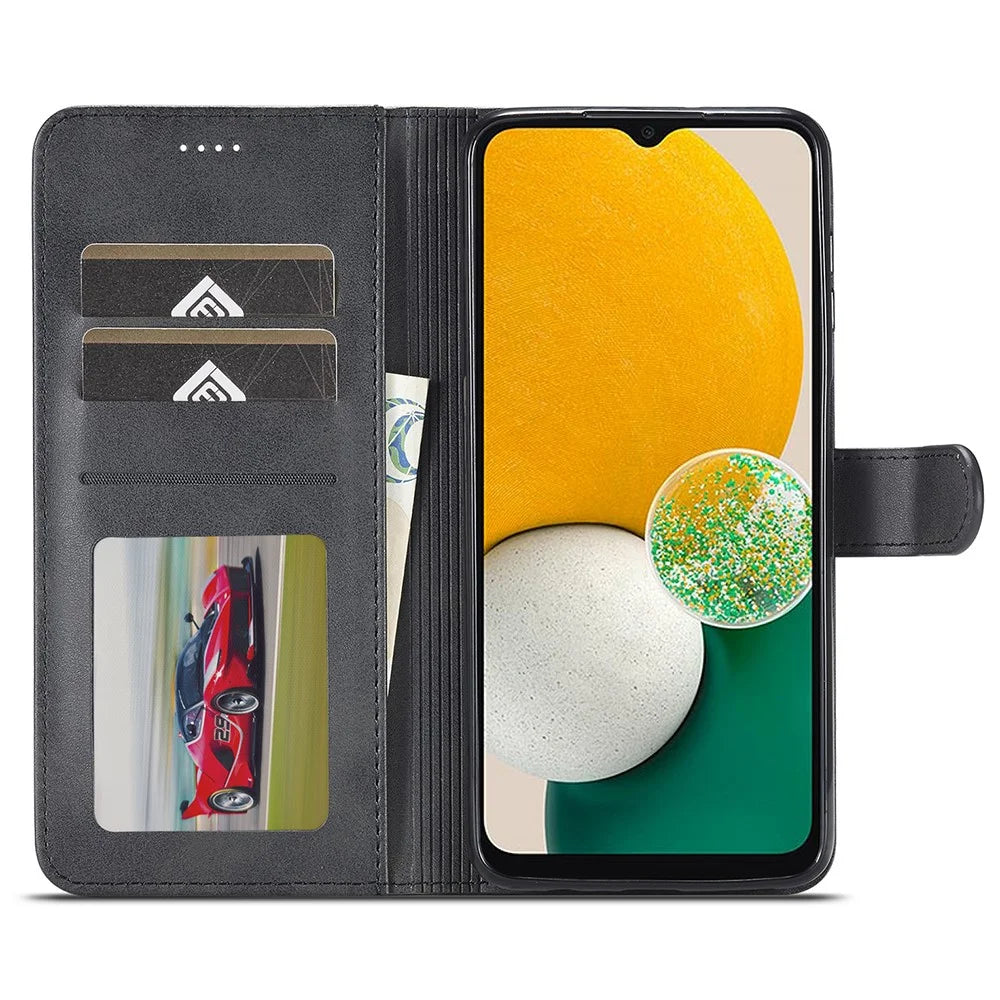 LC.IMEEKE For Samsung Galaxy A24 4G (162.1 x 77.6 x 8.3mm) Calf Texture Leather Phone Case Wallet Stand Mobile Phone Cover - Black - 3