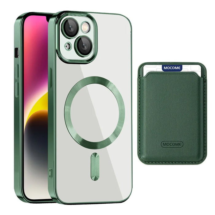 For iPhone 14 Anti-Drop Magnetic Back Cover TPU + PC Phone Case with Card Bag - Blackish Green - 1