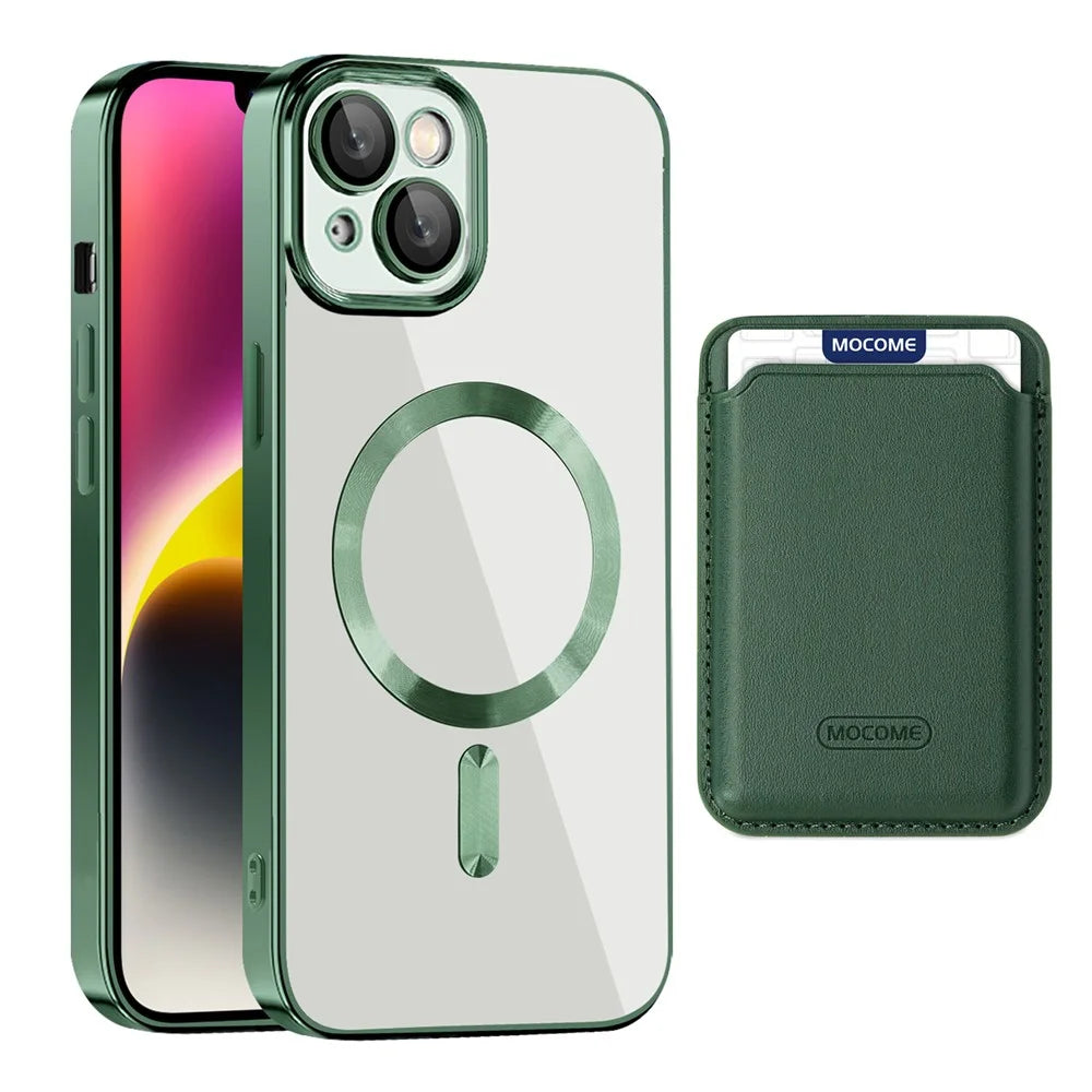 For iPhone 14 Plus TPU + PC Mobile Case Anti-scratch Magnetic Cover with Card Bag - Blackish Green - 1