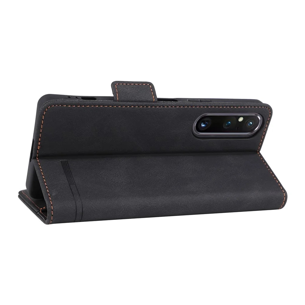 For Sony Xperia 1 V Stand Wallet Leather Phone Case Hardware Decor Protective Phone Cover - Black - 4
