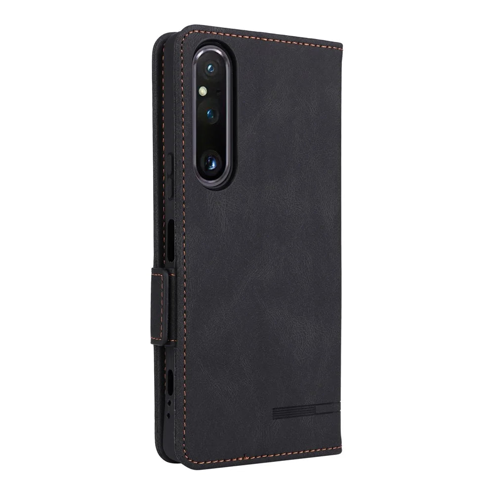 For Sony Xperia 1 V Stand Wallet Leather Phone Case Hardware Decor Protective Phone Cover - Black - 7