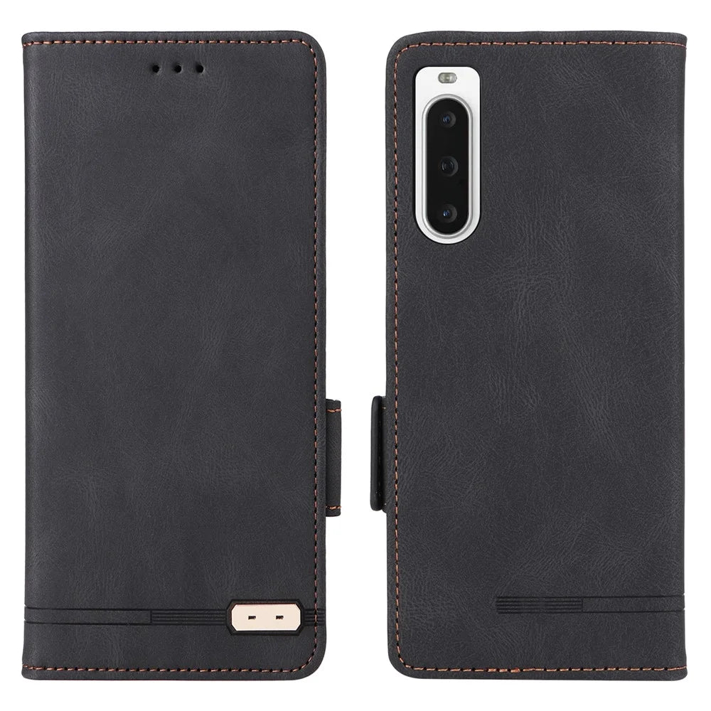 For Sony Xperia 10 V Phone Wallet Case PU Leather Hardware Decor Stand Phone Cover - Black - 1