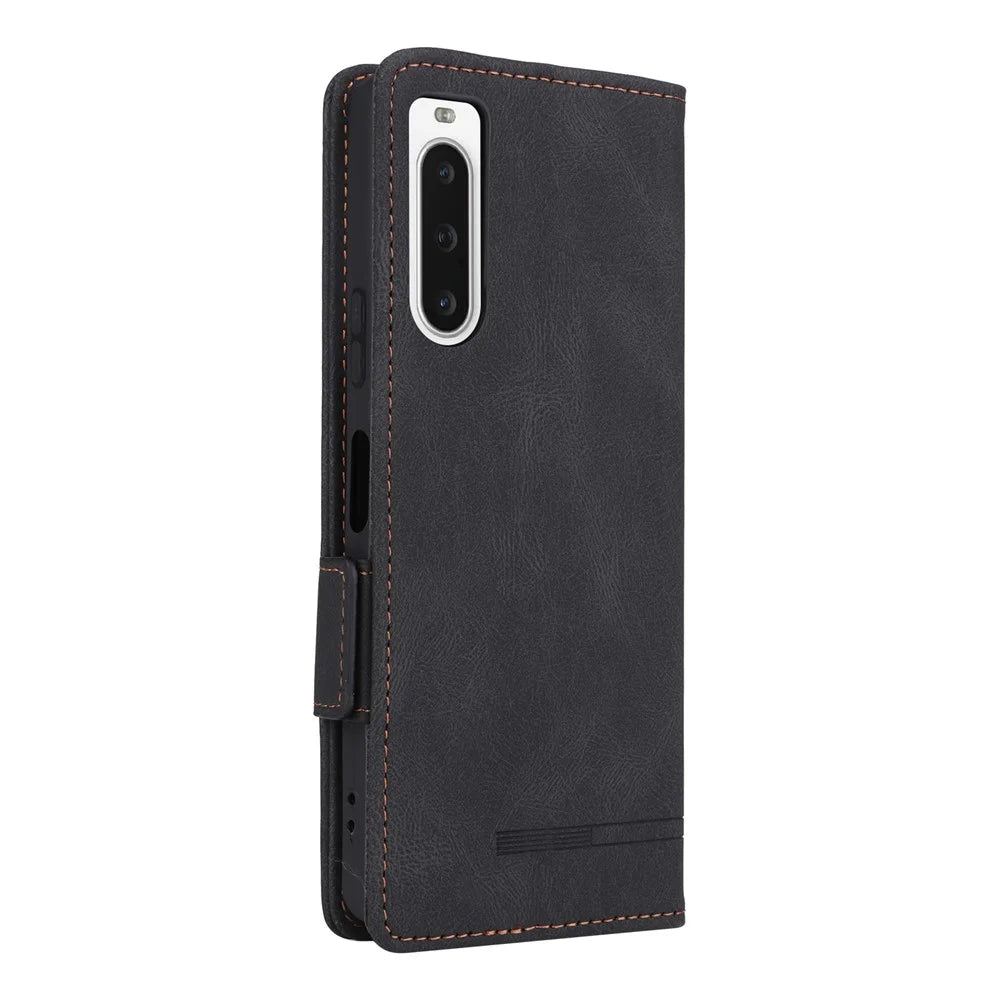 For Sony Xperia 10 V Phone Wallet Case PU Leather Hardware Decor Stand Phone Cover - Black - 7