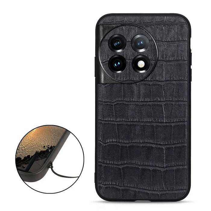 For OnePlus 11 5G Genuine Leather + TPU Crocodile Texture Phone Case Drop-proof Mobile Cover - Black - 2