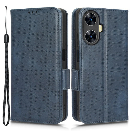 For Realme C55 4G Leather Wallet Phone Case Imprinted Triangle Flip Stand Protective Cover - Blue - 1