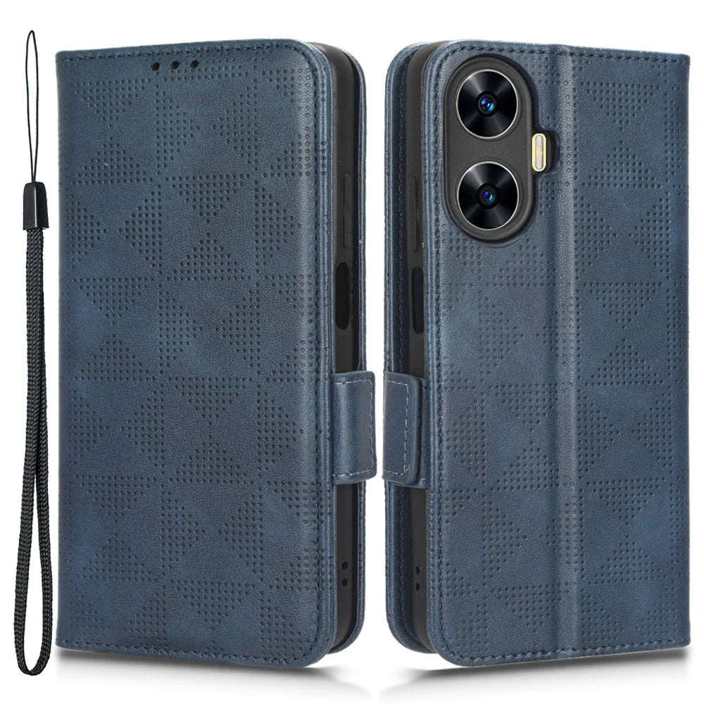 For Realme C55 4G Leather Wallet Phone Case Imprinted Triangle Flip Stand Protective Cover - Blue - 1