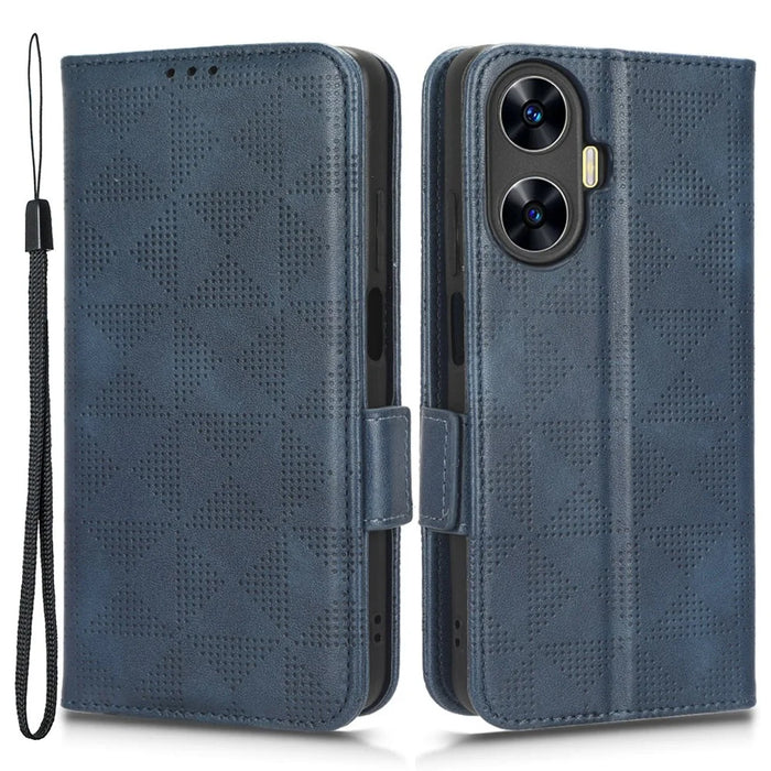 For Realme C55 4G Leather Wallet Phone Case Imprinted Triangle Flip Stand Protective Cover - Blue - 1