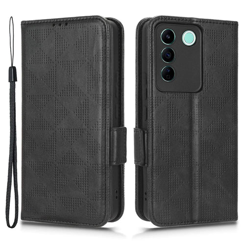 For vivo V27e 5G / S16e 5G Leather Phone Case Wallet Stand Imprinted Triangle Anti-drop Phone Cover - Black - 1