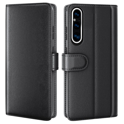For Sony Xperia 1 V Case Genuine Split Leather Phone Cover with Wallet Stand - Black - 1