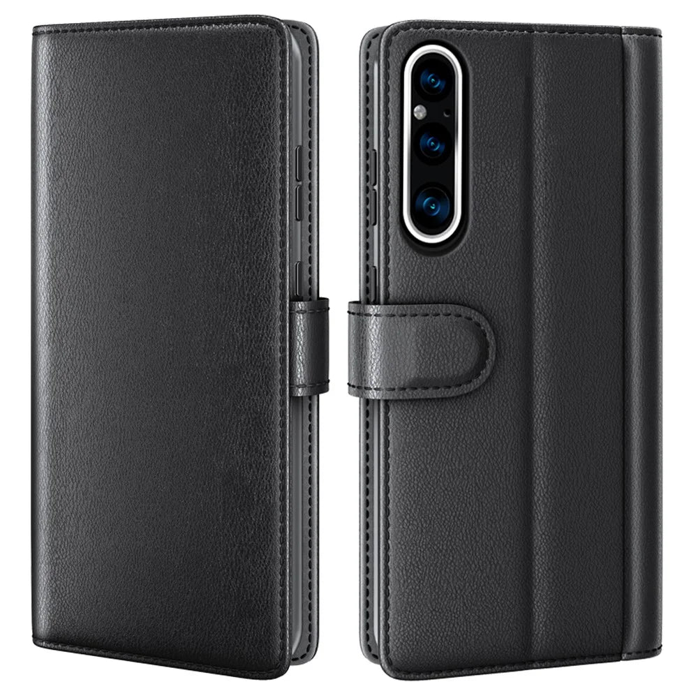 For Sony Xperia 1 V Case Genuine Split Leather Phone Cover with Wallet Stand - Black - 1