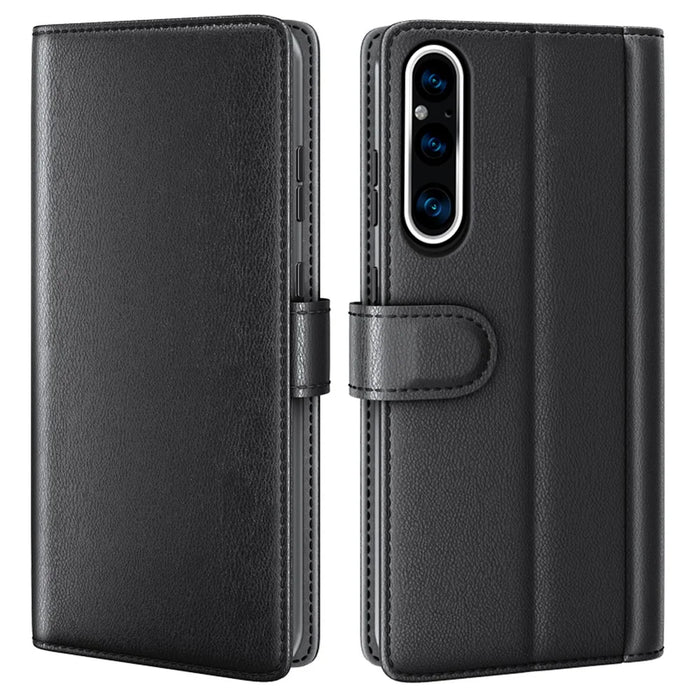 For Sony Xperia 1 V Case Genuine Split Leather Phone Cover with Wallet Stand - Black - 1