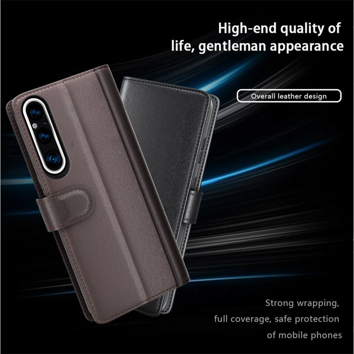 For Sony Xperia 1 V Case Genuine Split Leather Phone Cover with Wallet Stand - Black - 4