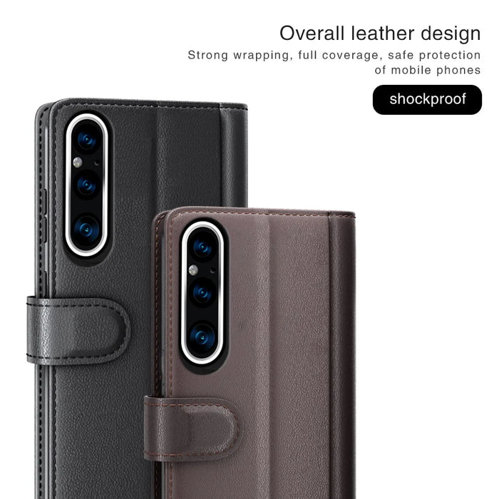 For Sony Xperia 1 V Case Genuine Split Leather Phone Cover with Wallet Stand - Black - 5