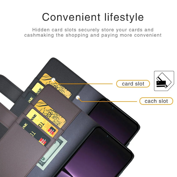 For Sony Xperia 1 V Case Genuine Split Leather Phone Cover with Wallet Stand - Black - 6