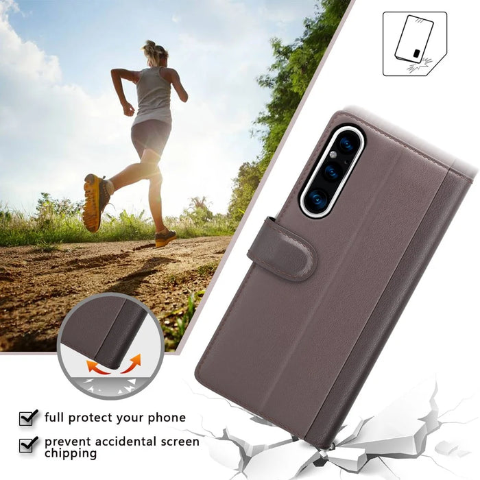 For Sony Xperia 1 V Case Genuine Split Leather Phone Cover with Wallet Stand - Black - 7