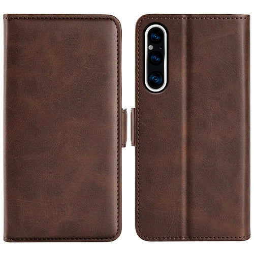 For Sony Xperia 1 V Leather Phone Stand Case Calf Texture Cell Phone Wallet Cover - Brown - 1