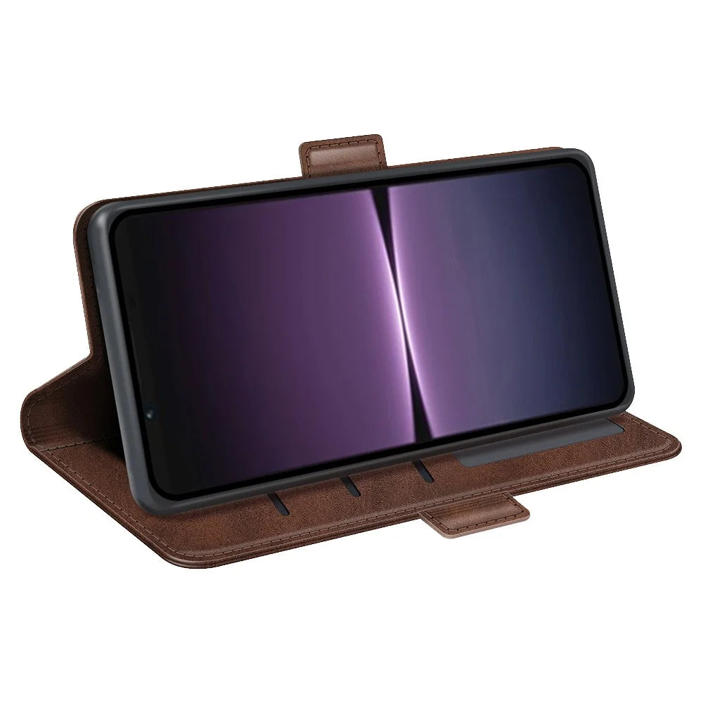 For Sony Xperia 1 V Leather Phone Stand Case Calf Texture Cell Phone Wallet Cover - Brown - 3
