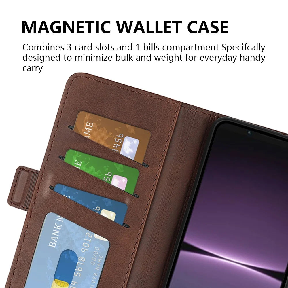 For Sony Xperia 1 V Leather Phone Stand Case Calf Texture Cell Phone Wallet Cover - Brown - 5