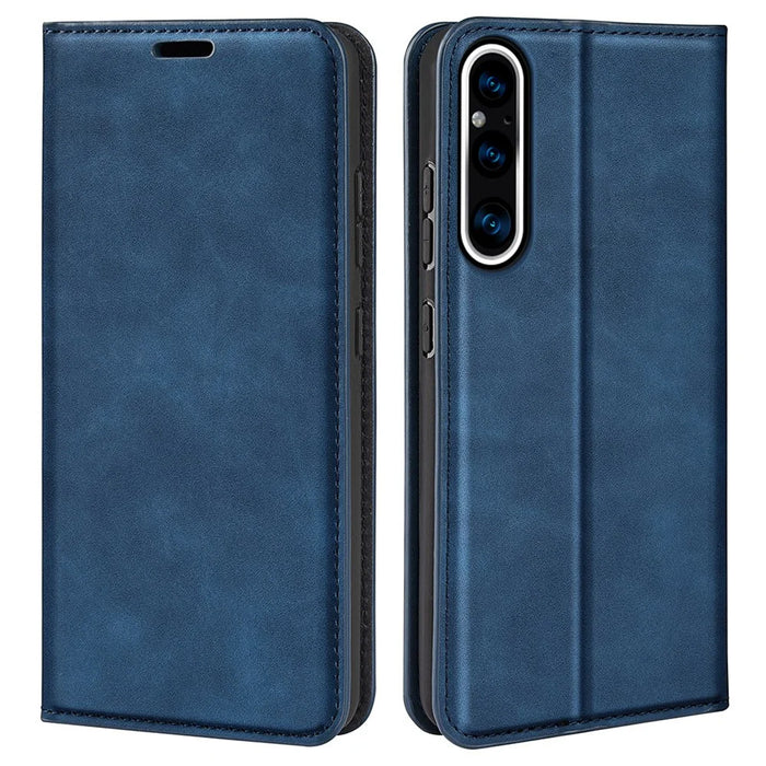 For Sony Xperia 1 V Skin-touch Leather Phone Case Stand Wallet Protective Phone Cover - Blue - 1