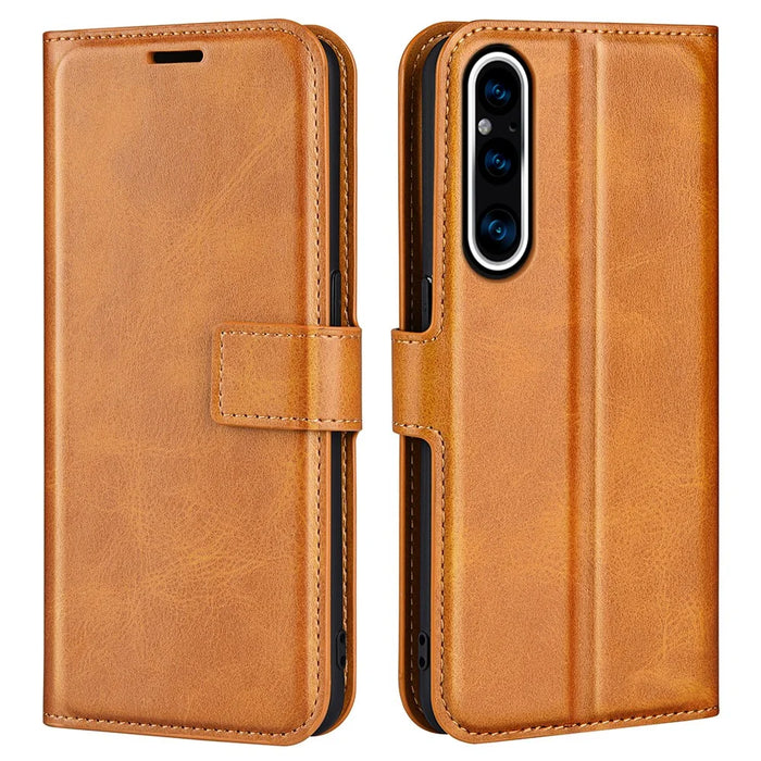 For Sony Xperia 1 V Wallet Cell Phone Case Calf Texture PU Leather Stand Phone Cover - Yellow - 1