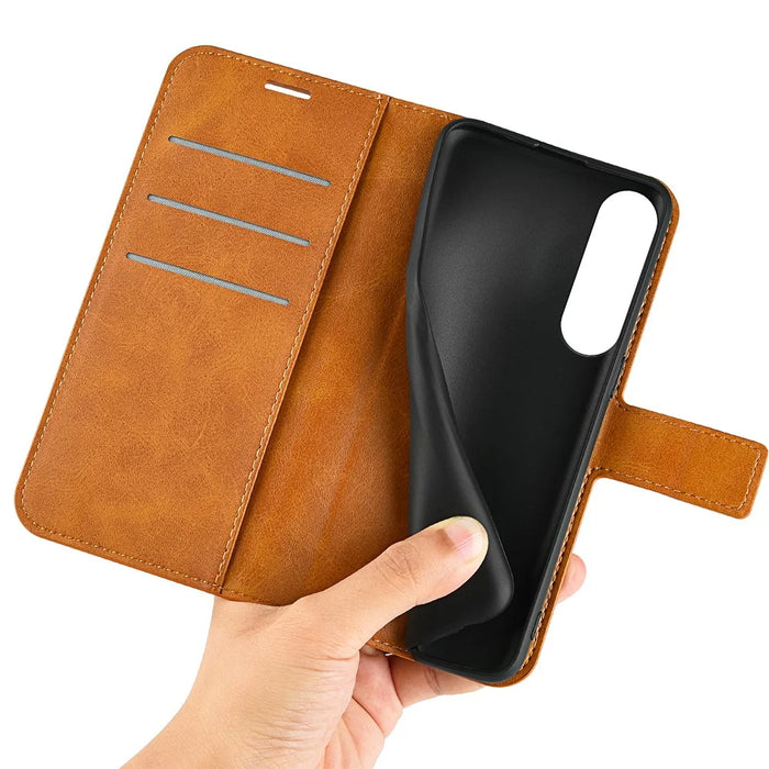 For Sony Xperia 1 V Wallet Cell Phone Case Calf Texture PU Leather Stand Phone Cover - Yellow - 4