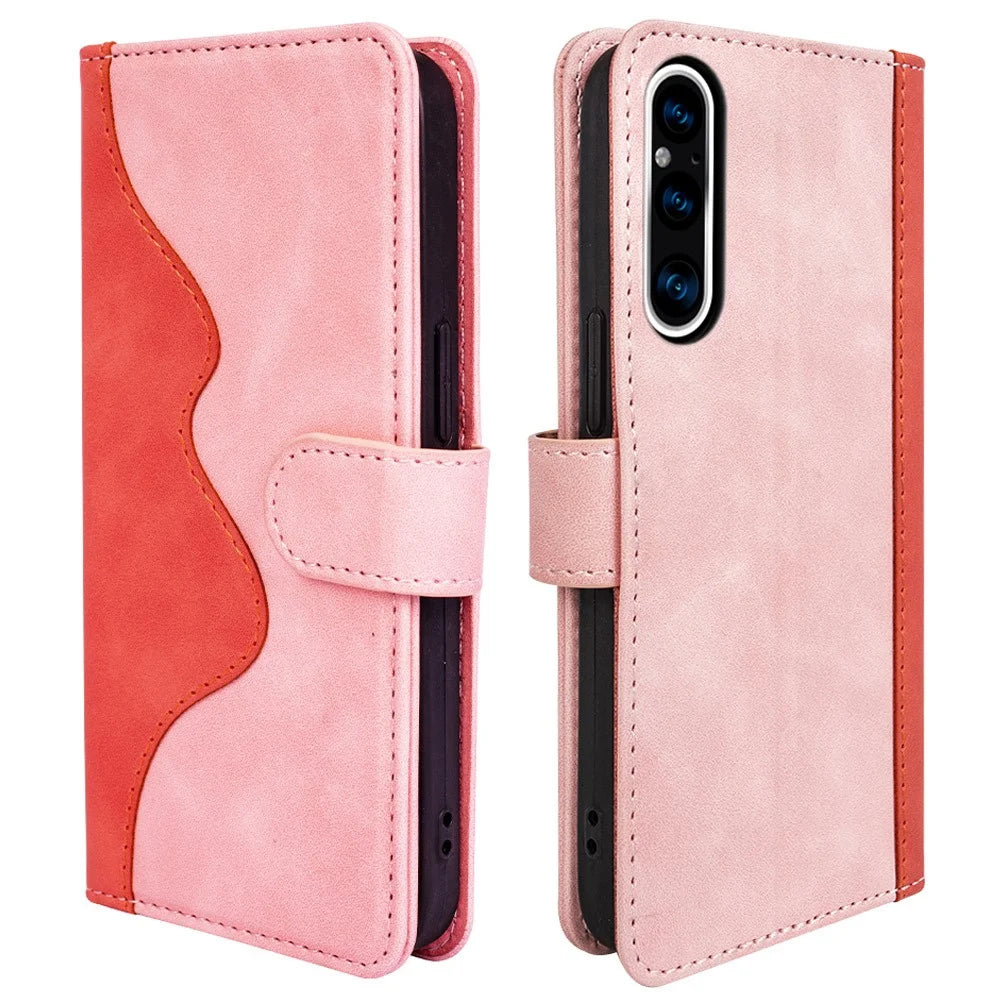 For Sony Xperia 1 V Dual Color Splicing Stand Wallet Phone Case PU Leather Cover - Pink - 1