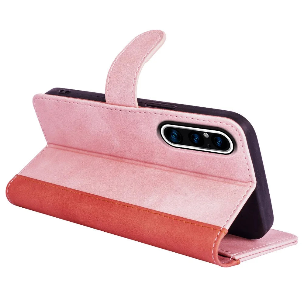 For Sony Xperia 1 V Dual Color Splicing Stand Wallet Phone Case PU Leather Cover - Pink - 3