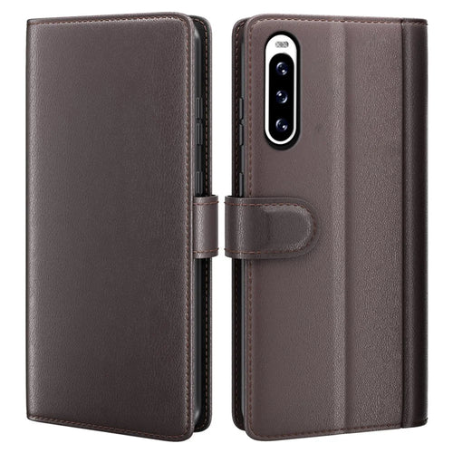 For Sony Xperia 10 V Case Genuine Split Leather Phone Cover with Wallet Stand - Brown - 1