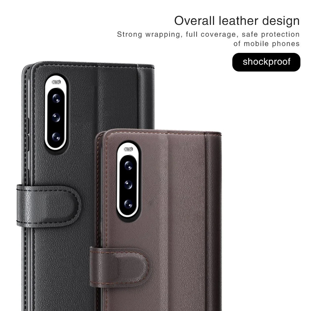 For Sony Xperia 10 V Case Genuine Split Leather Phone Cover with Wallet Stand - Brown - 4