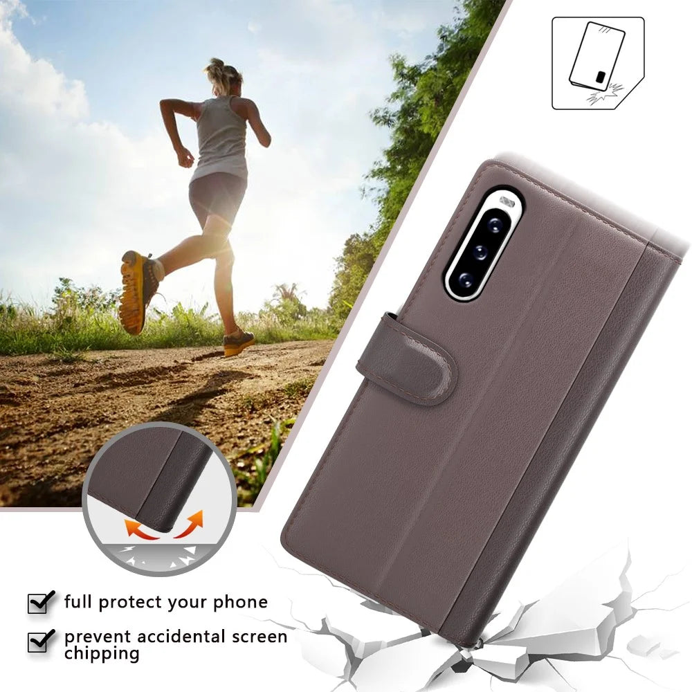 For Sony Xperia 10 V Case Genuine Split Leather Phone Cover with Wallet Stand - Brown - 6