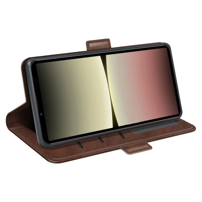 For Sony Xperia 10 V Leather Phone Stand Case Calf Texture Cell Phone Wallet Cover - Brown - 3