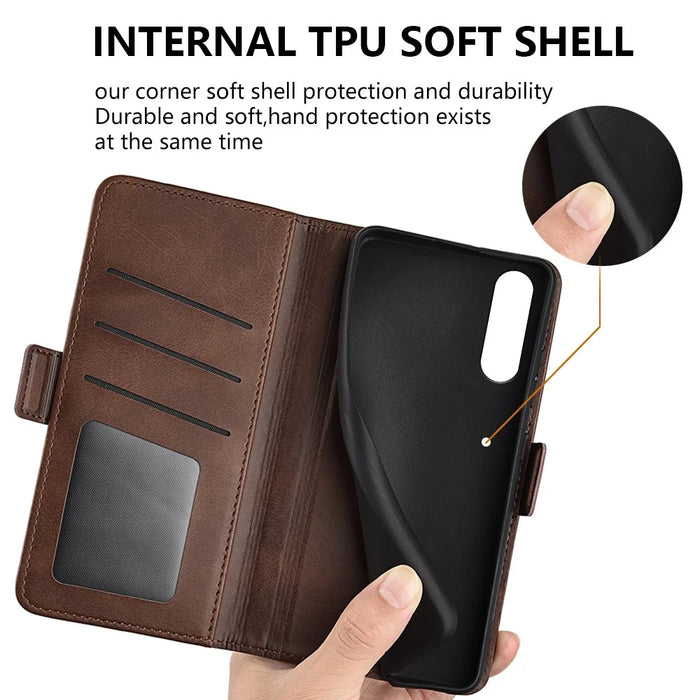 For Sony Xperia 10 V Leather Phone Stand Case Calf Texture Cell Phone Wallet Cover - Brown - 6