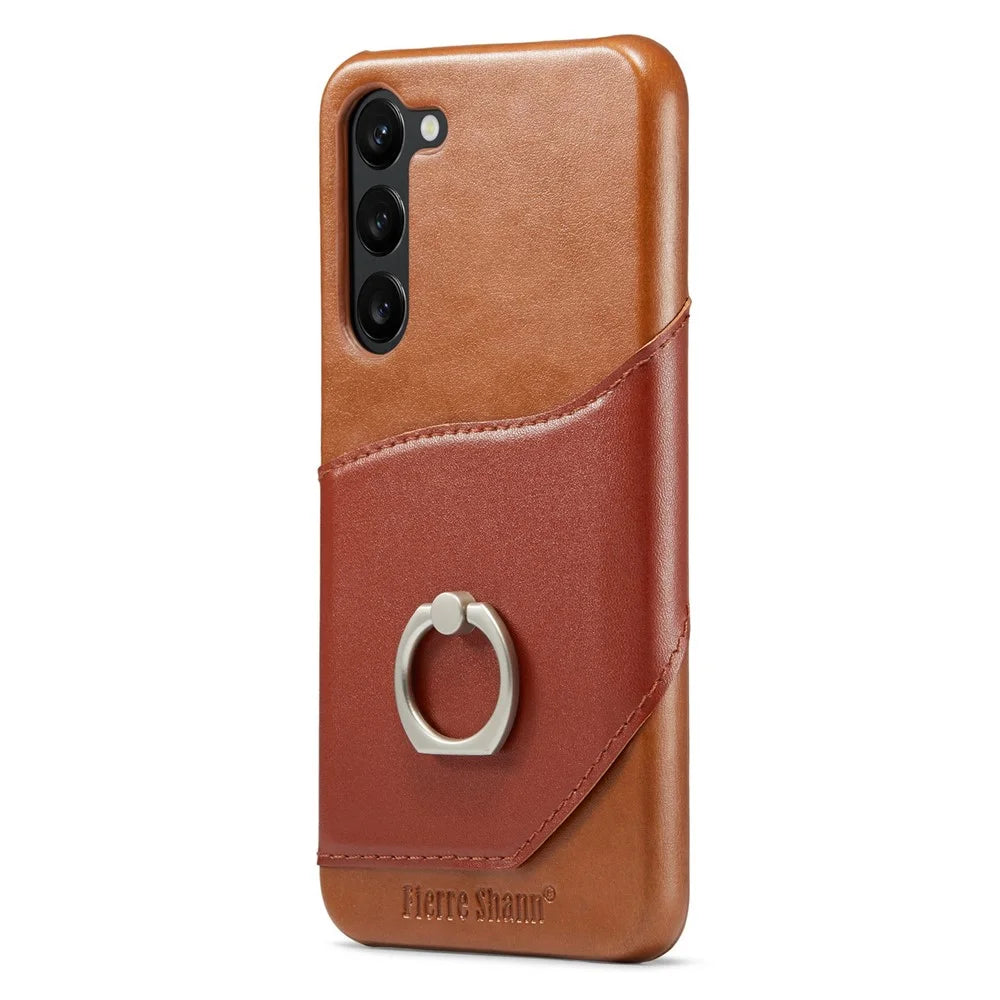 FIERRE SHANN For Samsung Galaxy S23 Rotary Ring Kickstand Phone Case Card Holder Genuine Leather+PC Cover - Brown - 1