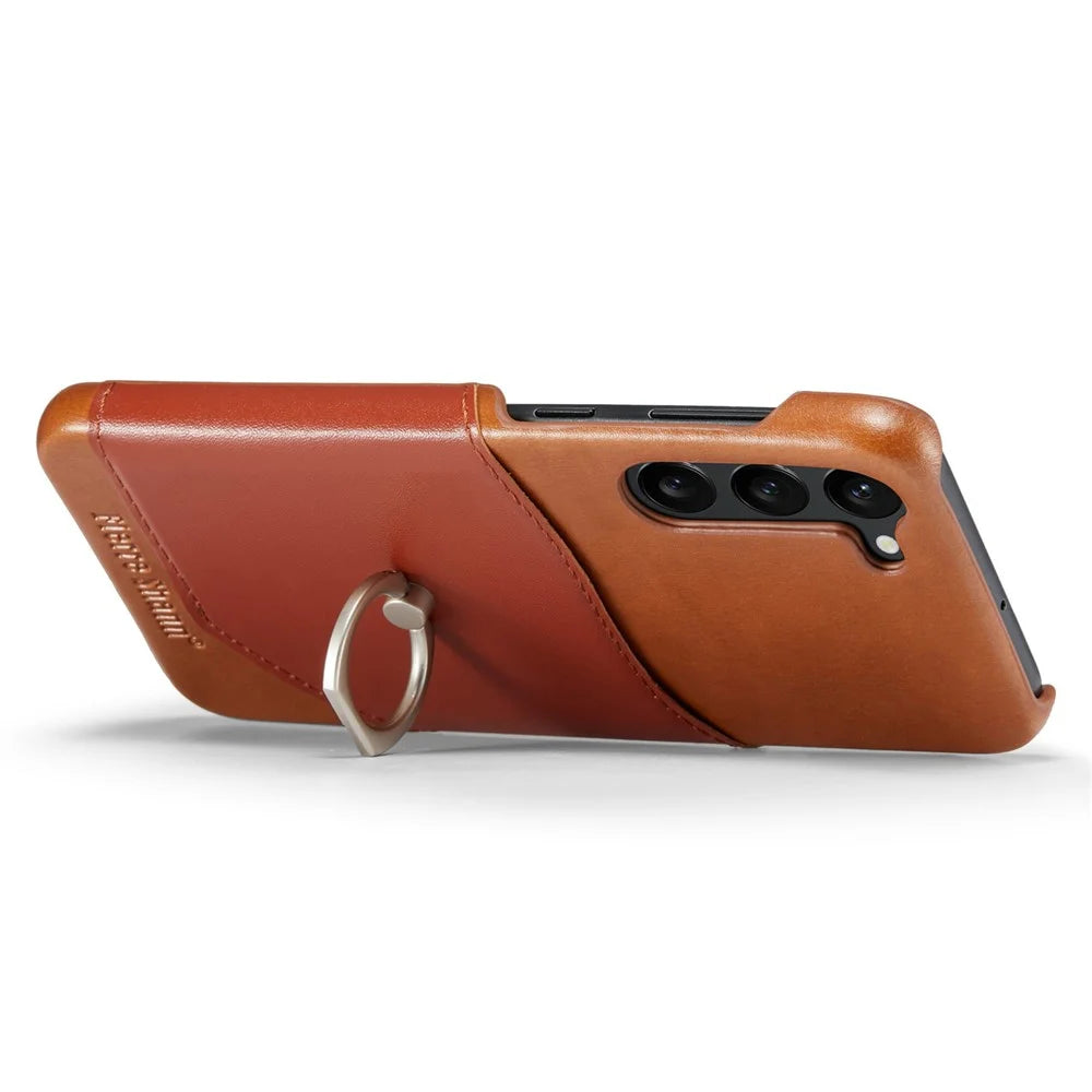 FIERRE SHANN For Samsung Galaxy S23 Rotary Ring Kickstand Phone Case Card Holder Genuine Leather+PC Cover - Brown - 2
