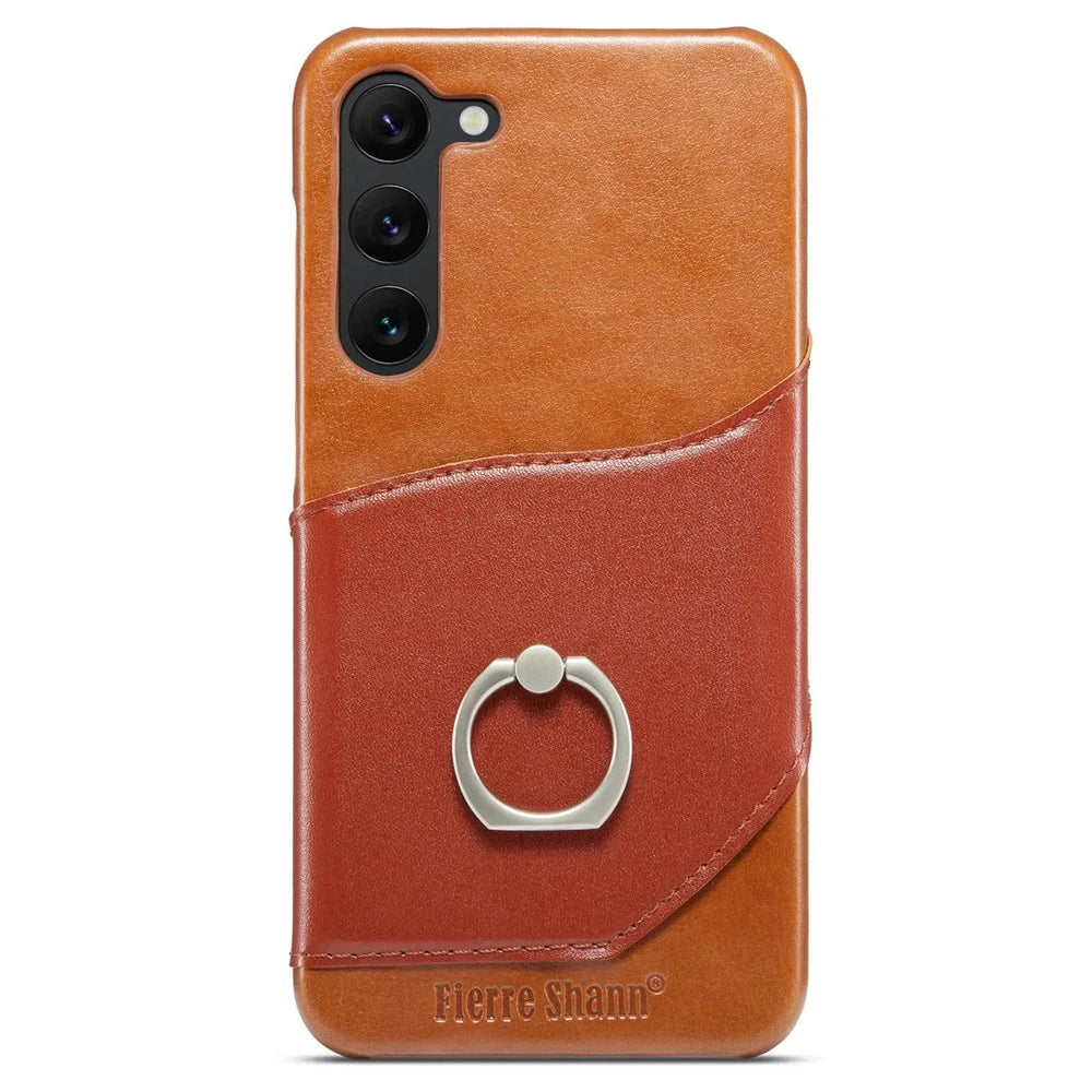 FIERRE SHANN For Samsung Galaxy S23 Rotary Ring Kickstand Phone Case Card Holder Genuine Leather+PC Cover - Brown - 3