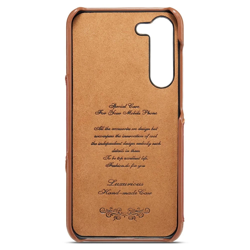 FIERRE SHANN For Samsung Galaxy S23 Rotary Ring Kickstand Phone Case Card Holder Genuine Leather+PC Cover - Brown - 5