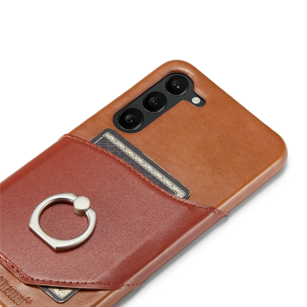 FIERRE SHANN For Samsung Galaxy S23 Rotary Ring Kickstand Phone Case Card Holder Genuine Leather+PC Cover - Brown - 7