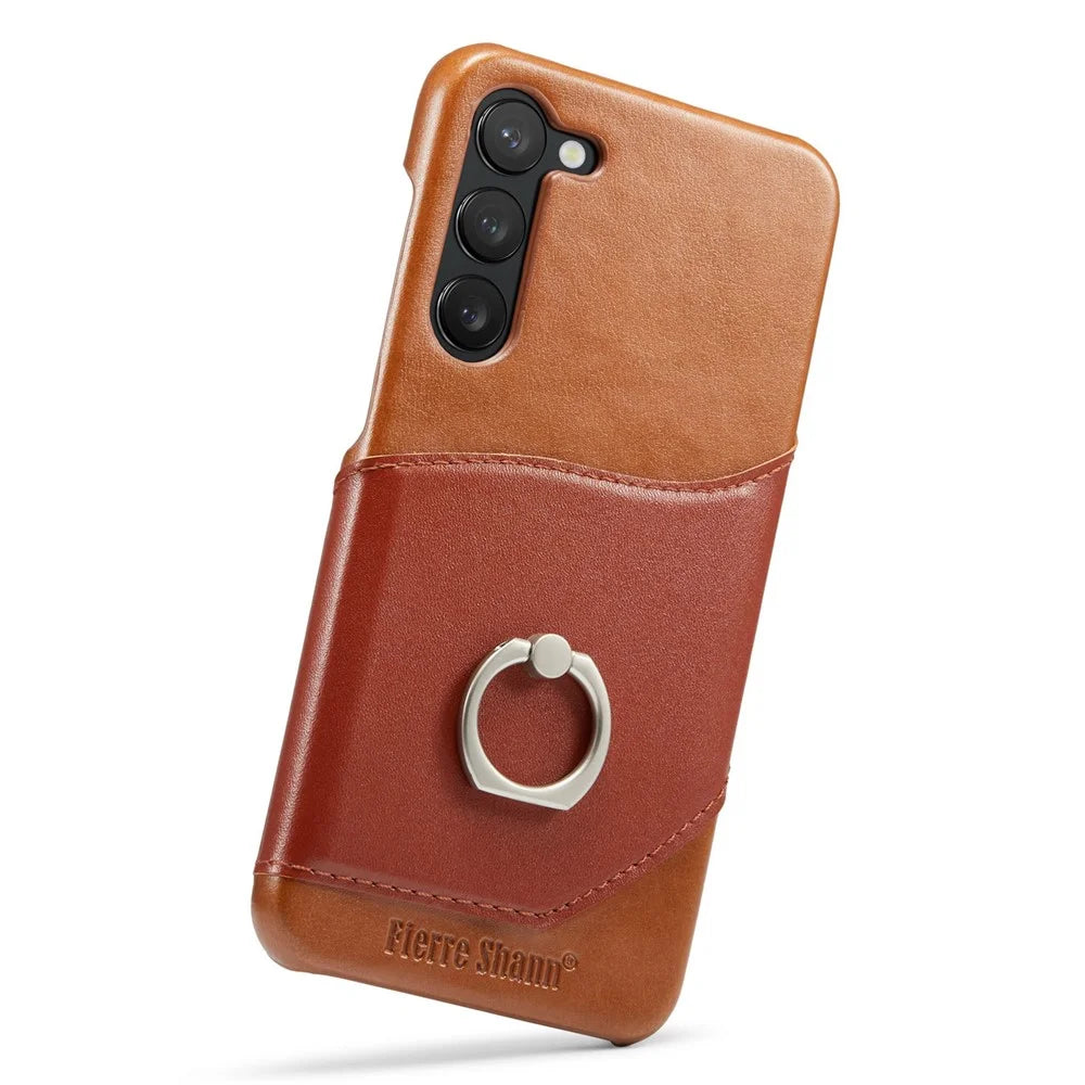 FIERRE SHANN For Samsung Galaxy S23+ Ring Kickstand Genuine Leather Coated PC Phone Case with Card Slot - Brown - 6